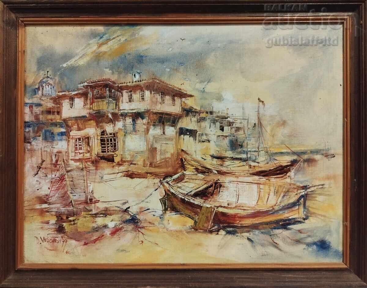 Картина "Несебър", худ. Димитър Величков, 1999 г. Картина "Несебър", худ. Димитър Величков, 1999 г.