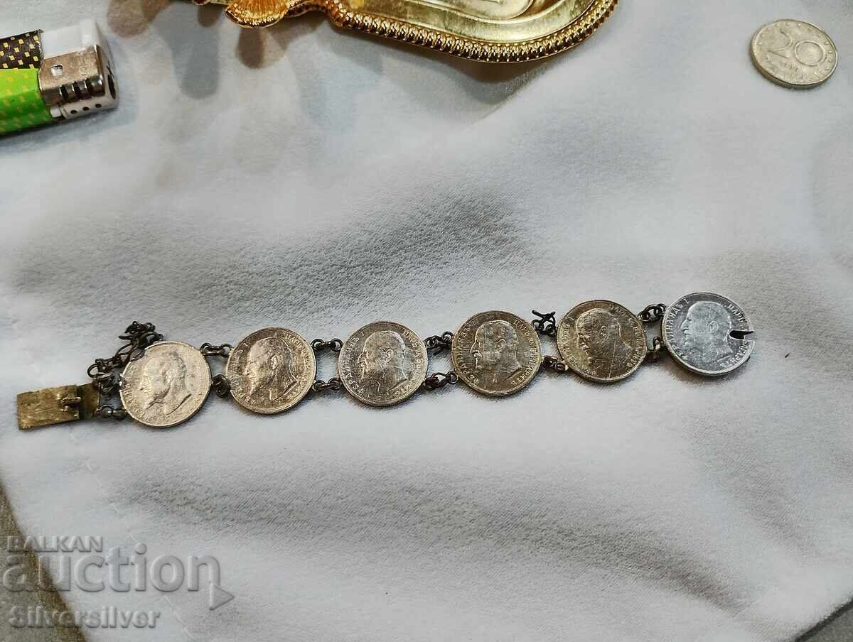 Brățară veche de argint cu monede de argint de 50 de stotinki
