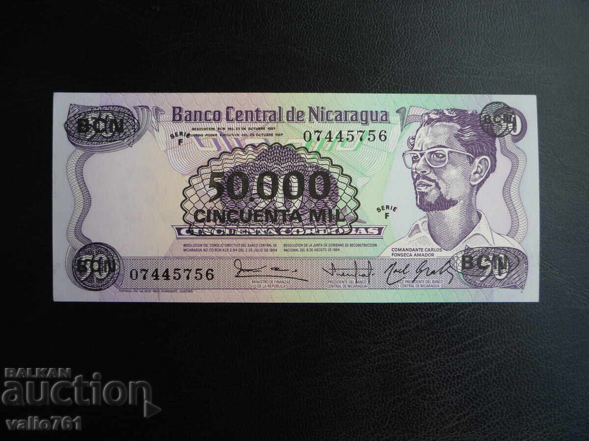 NICARAGUA 50 CORDOBA 1984 SUPRAPRIMARE 50000 1987 NOUĂ UNC