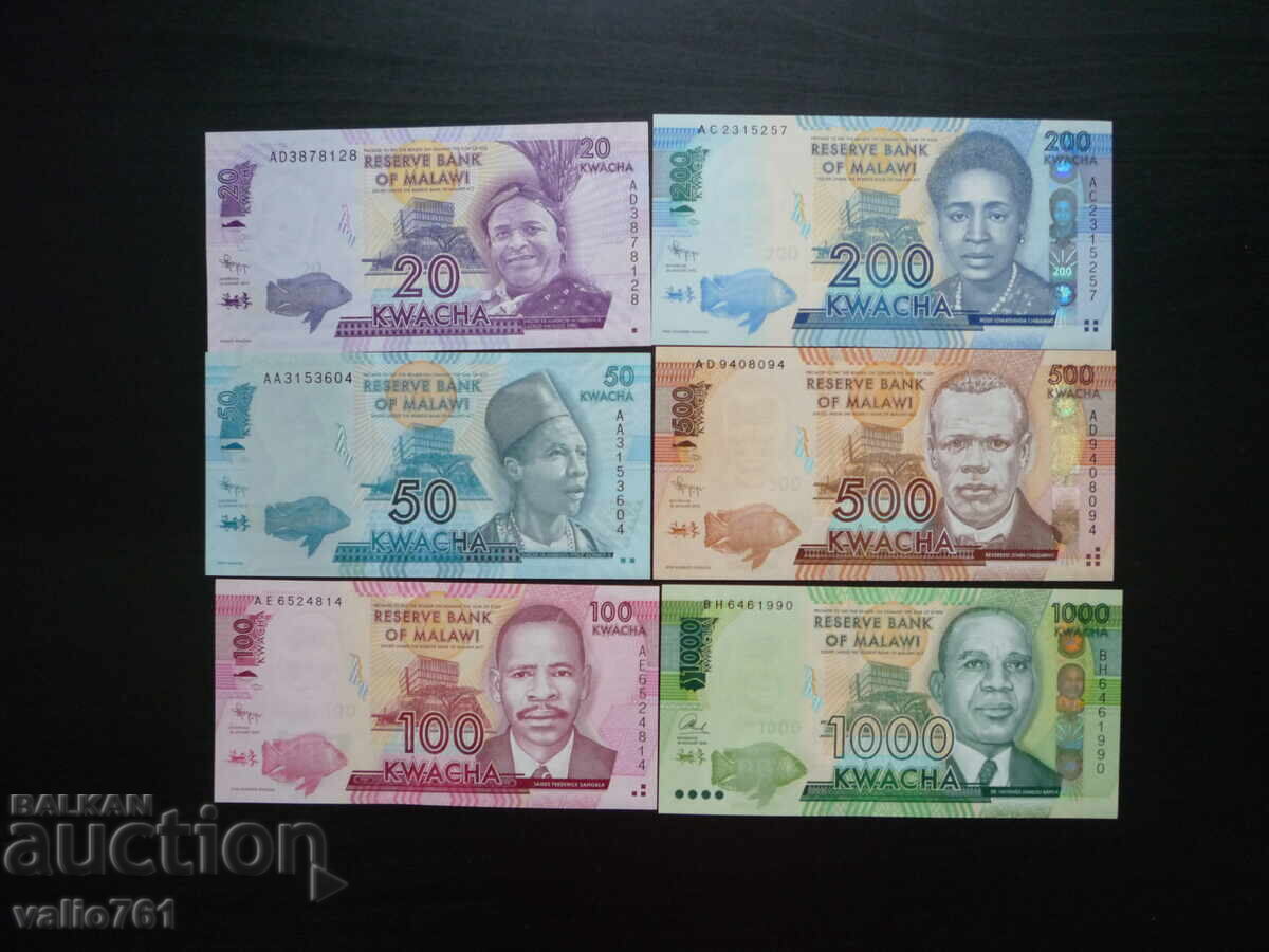 Malawi Set 20/50/100/200/500/1000 Kwacha 2012-2016 NEW UNC