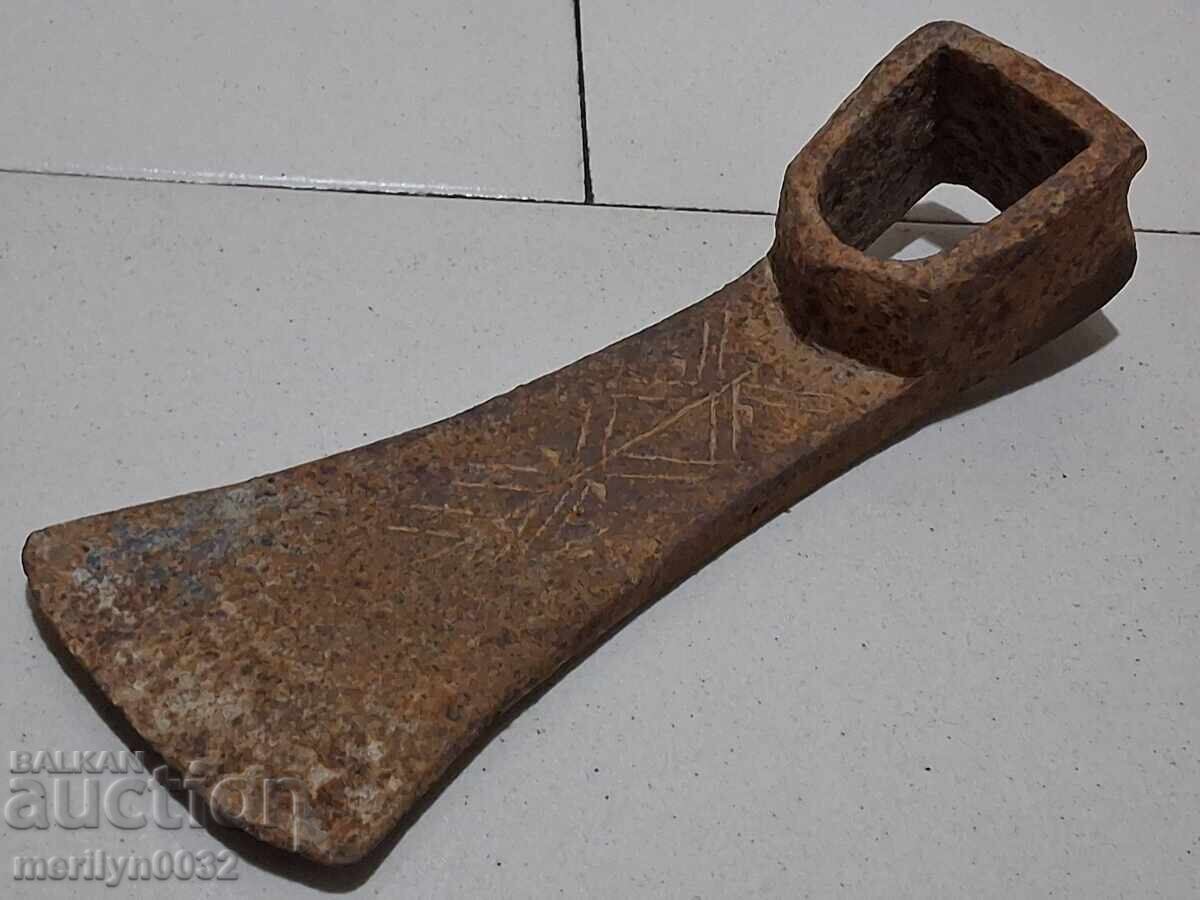 Old forged turnhoe, wrought iron, hoe, blade, axe