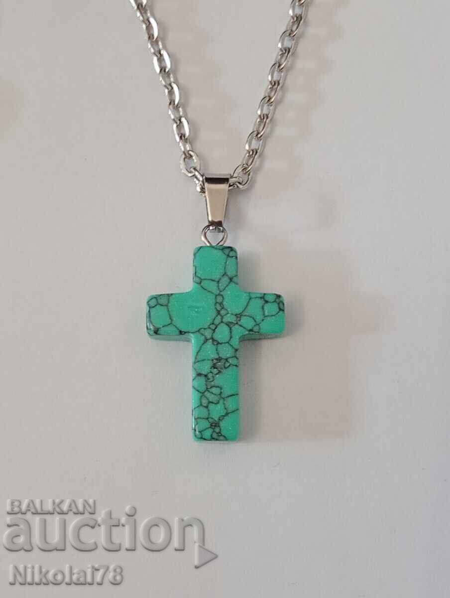 Set cercei și colier cruce din turcoaz cu lanț de 45 cm cu preț € 15.34 | 30.00 BGN Set cercei și colier cruce din turcoaz cu lanț de 45 cm cu preț € 15.34 | 30.00 BGN