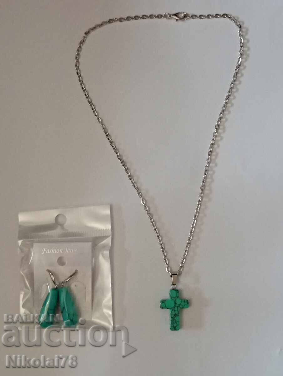 Set cercei și colier cruce din turcoaz cu lanț de 45 cm - 6 Set cercei și colier cruce din turcoaz cu lanț de 45 cm - 6