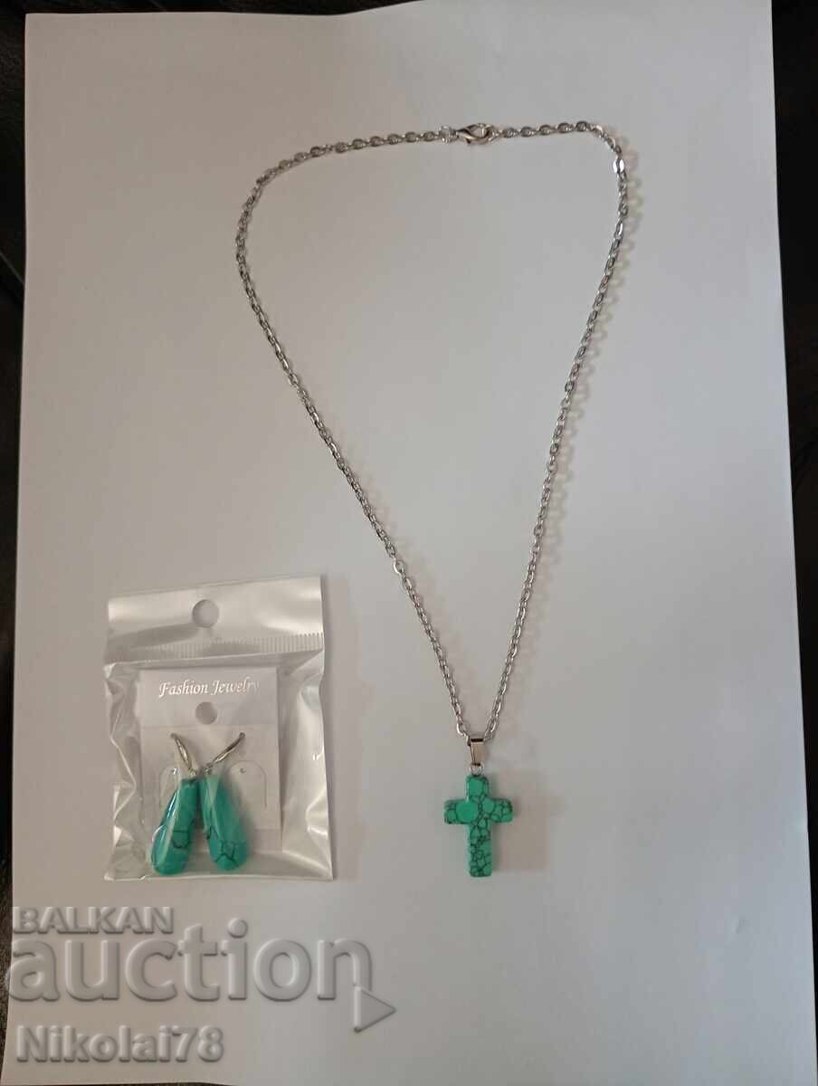 Earrings and necklace set, turquoise cross with a 45 cm chain