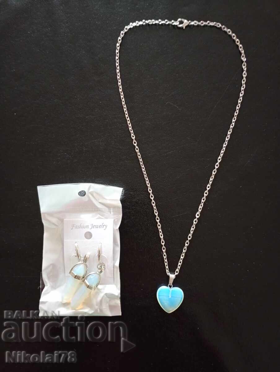 Σετ σκουλαρίκια και κολιέ καρδιά από φεγγαρόπετρα με αλυσίδα 45 εκ