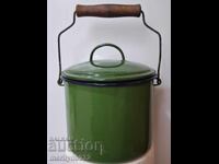Старо емайлирано канче с капак, емайлиран съд, тенджера