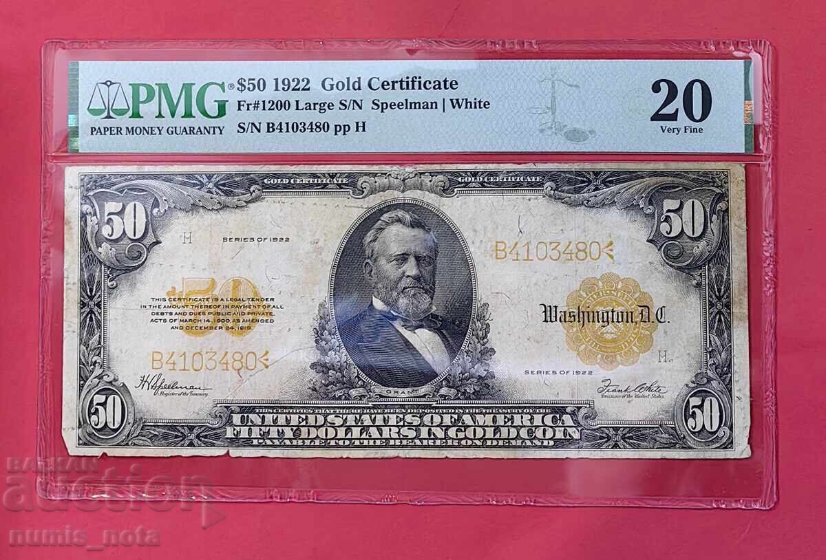 50 δολάρια 1922 - Χρυσό Πιστοποιητικό PMG VF20