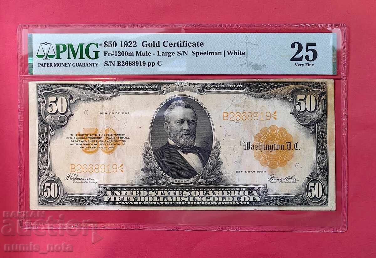 50 δολάρια 1922 - Χρυσό Πιστοποιητικό PMG VF25