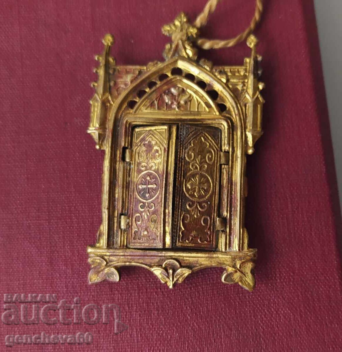 Αντίκα μικρό χριστιανικό τρίπτυχο - φορητή εικόνα, επιχρυσωμένο - 5