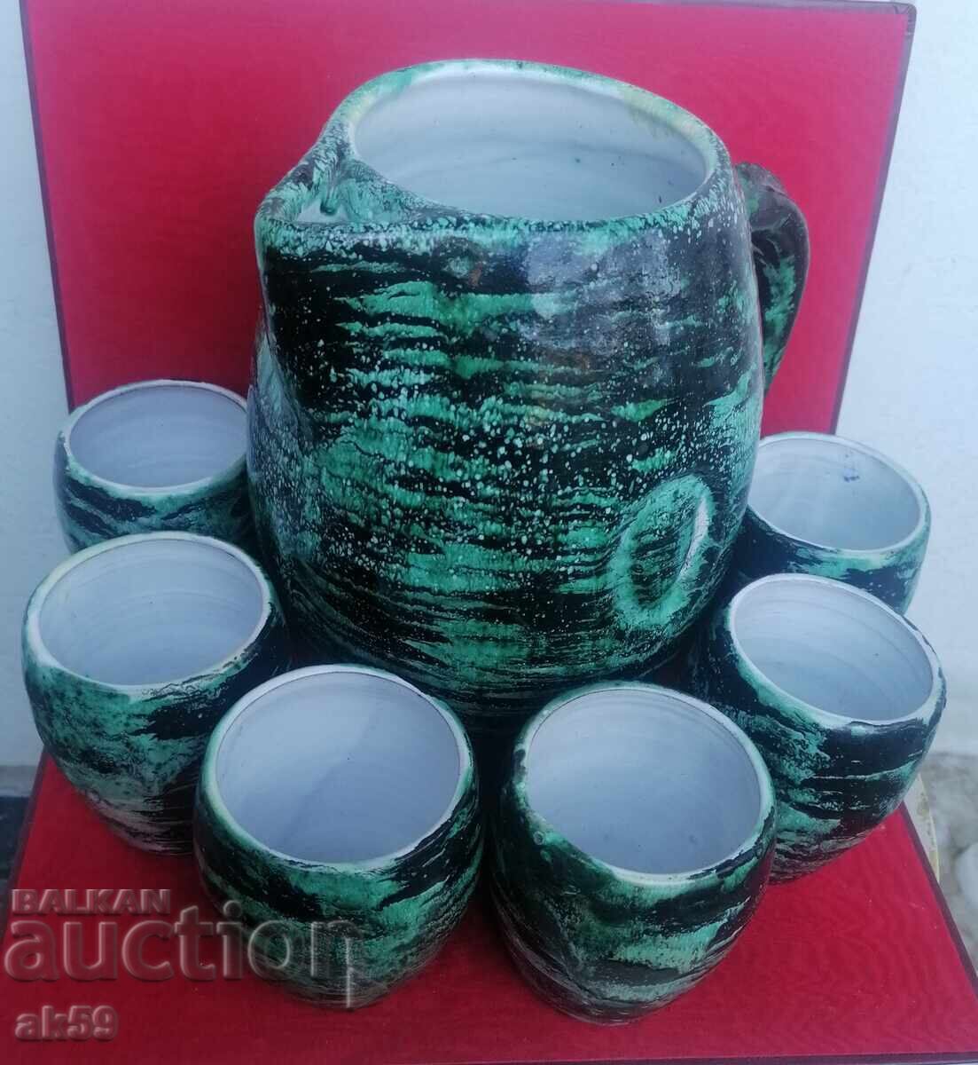 Авторски сервиз за вино зелена глазура - керамика.