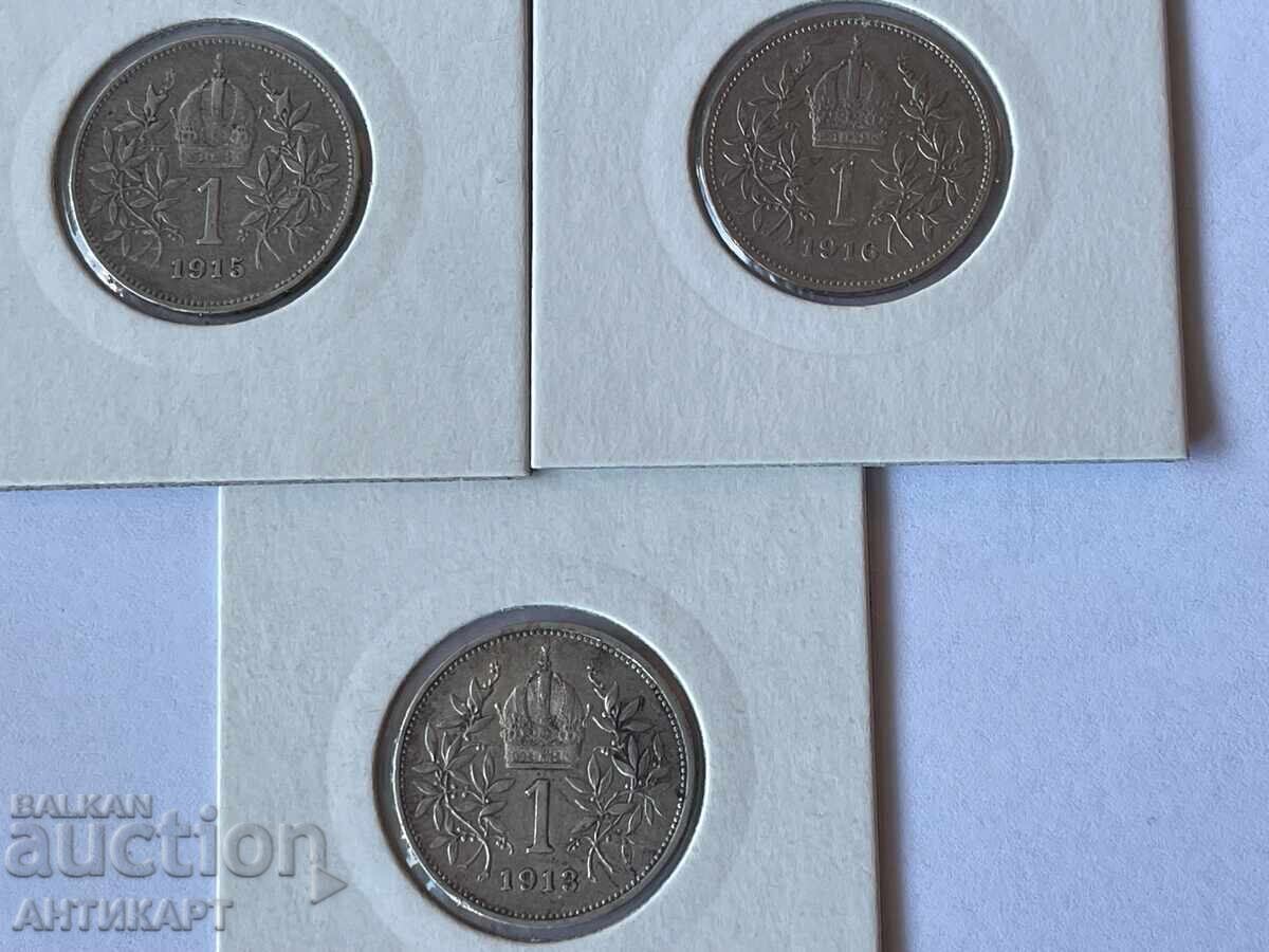 3 Silver Coins Austria 1 Crown Krone 1913, 1915 and 1916