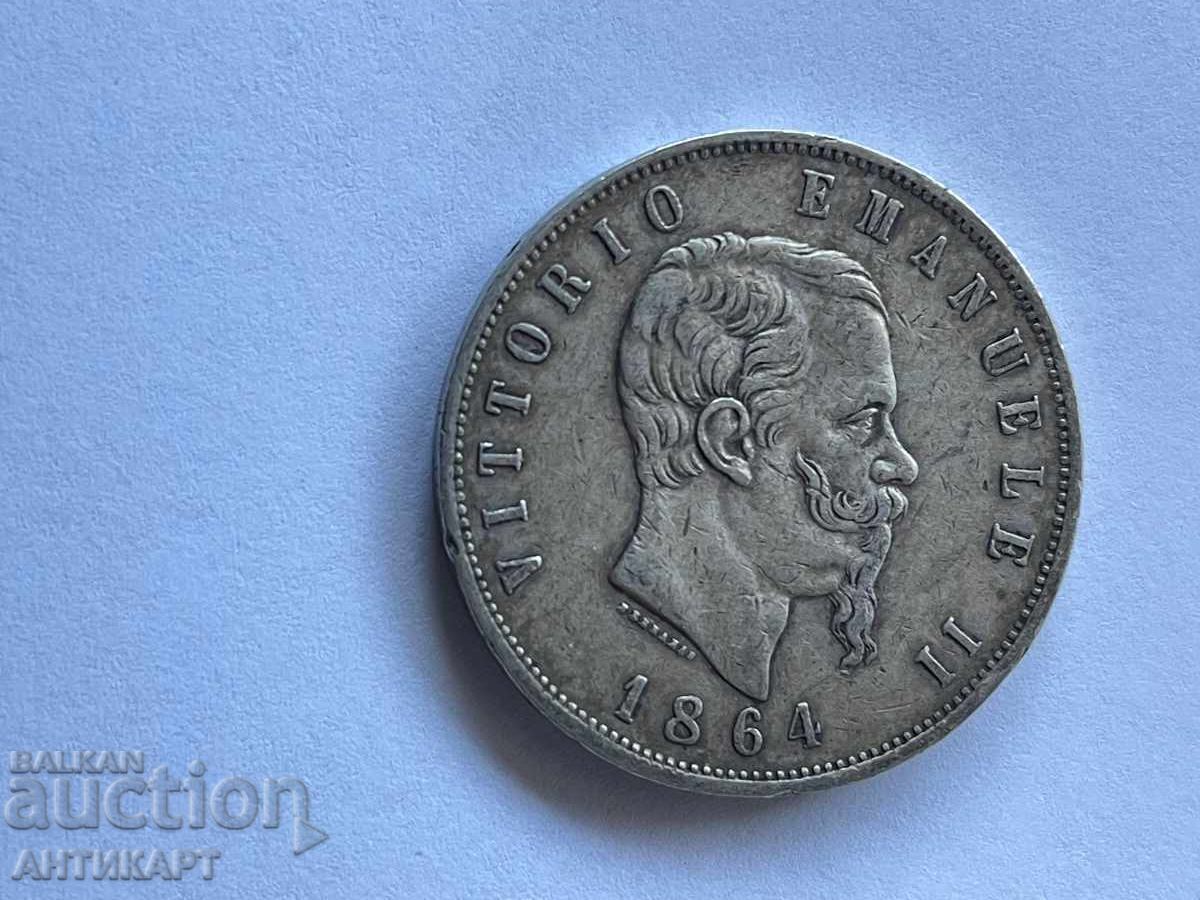 Италия рядка сребърна монета 5 лири 1864 рядка година !!! - 6 Италия рядка сребърна монета 5 лири 1864 рядка година !!! - 6