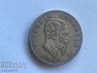 Italia monedă rară de argint 5 lire 1864 an rar !!!