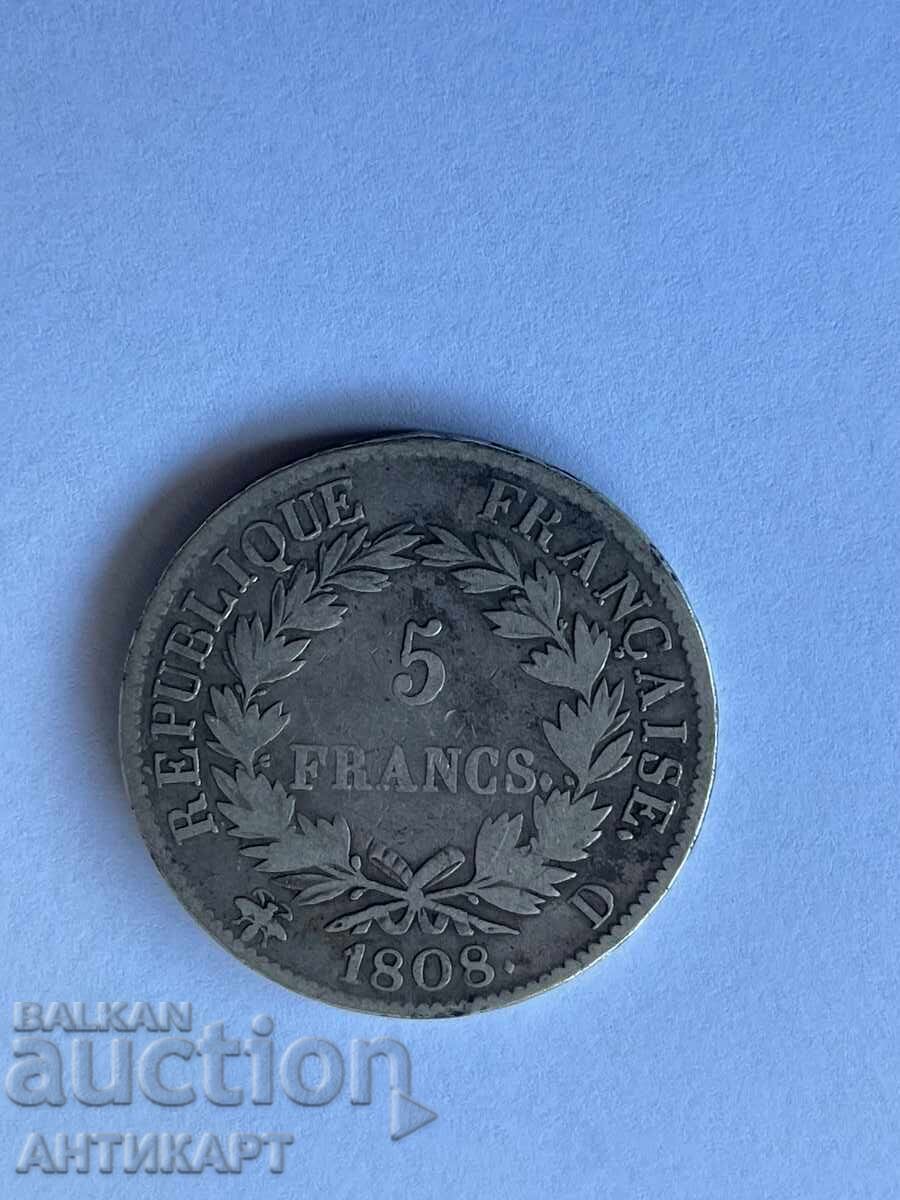 Franța monedă rară de argint Napoleon 5 franci 1808 D !!!