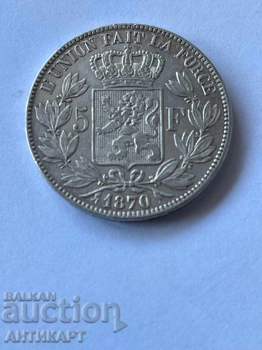 Belgium Rare Silver Coin 5 Francs 1870 Excellent