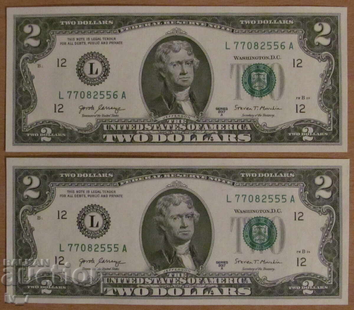 2 DOLLARS 2017, USA - 2 consecutive numbers - UNC