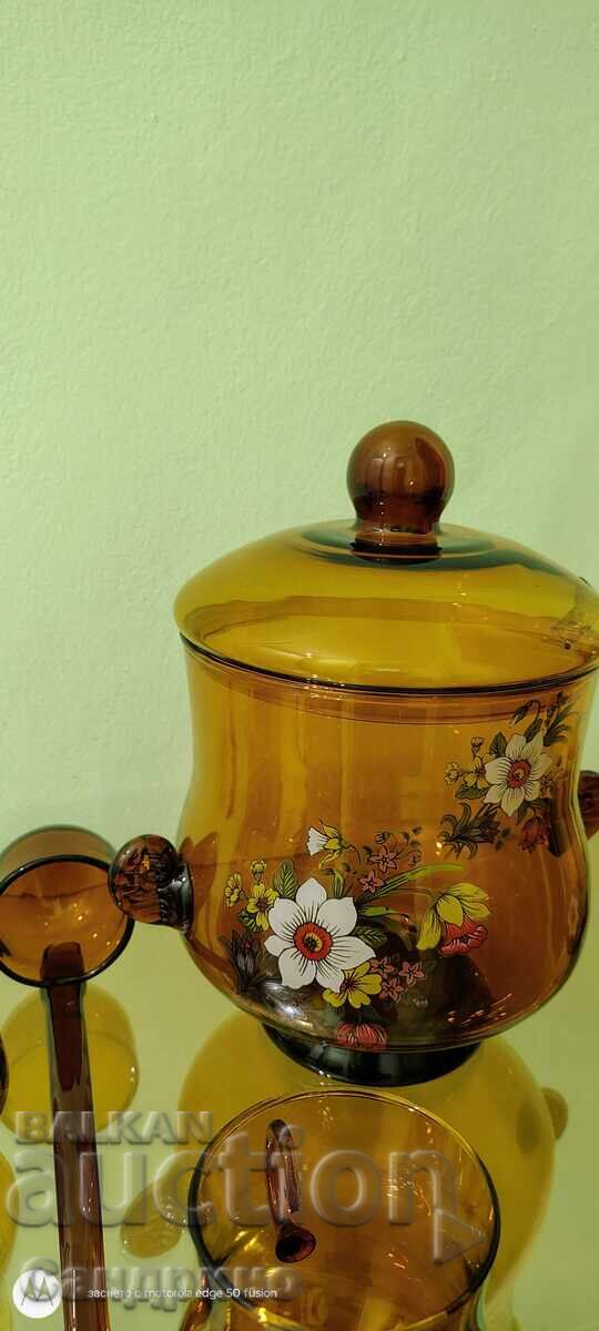 Auction  For sale: Glass pitcher with ladle and 5 glasses