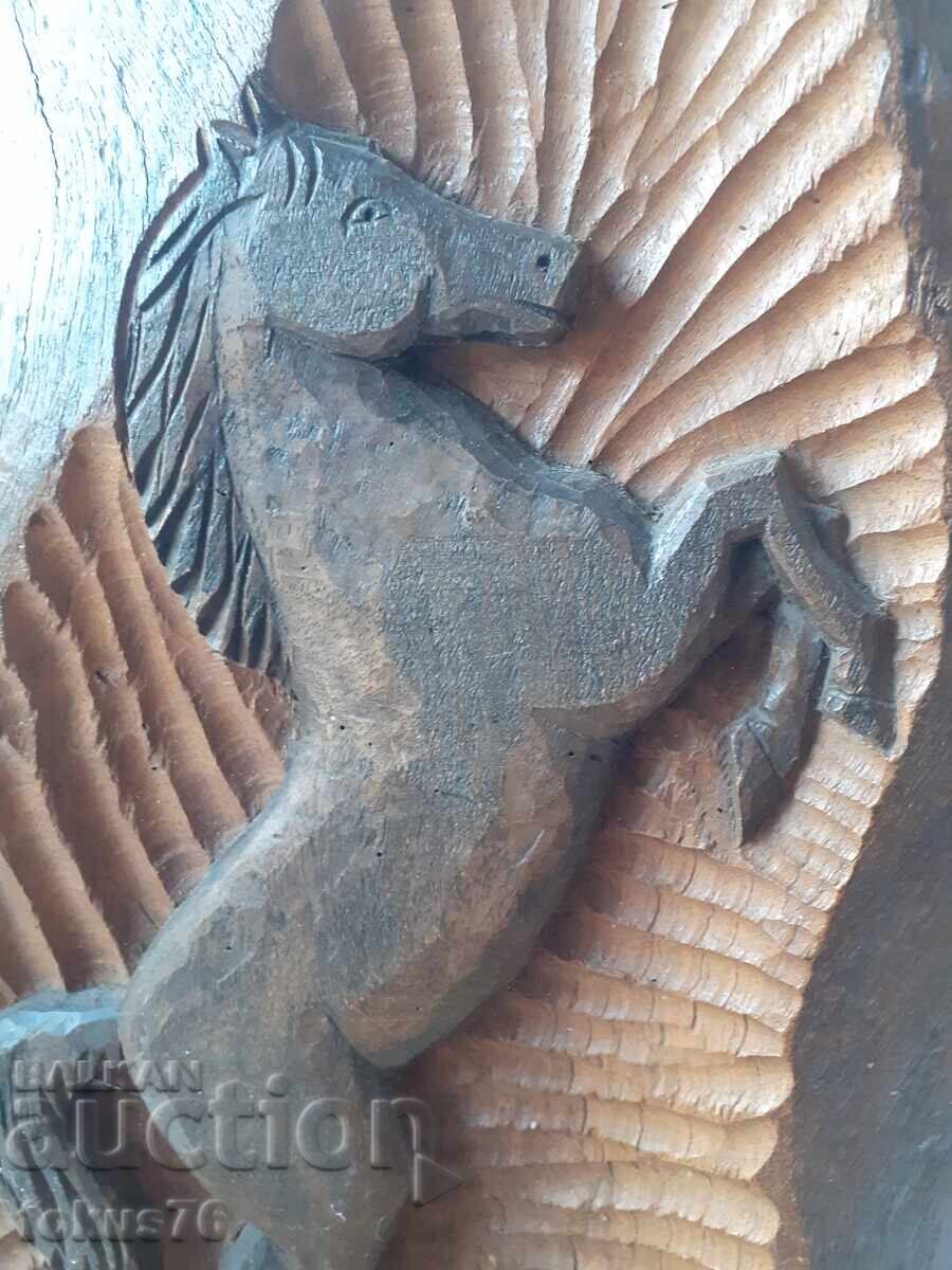 Δημοπρασία Μοναδική παλιά χειροποίητη ξυλογλυπτική για τοίχο - άλογο - υπογεγραμμένη