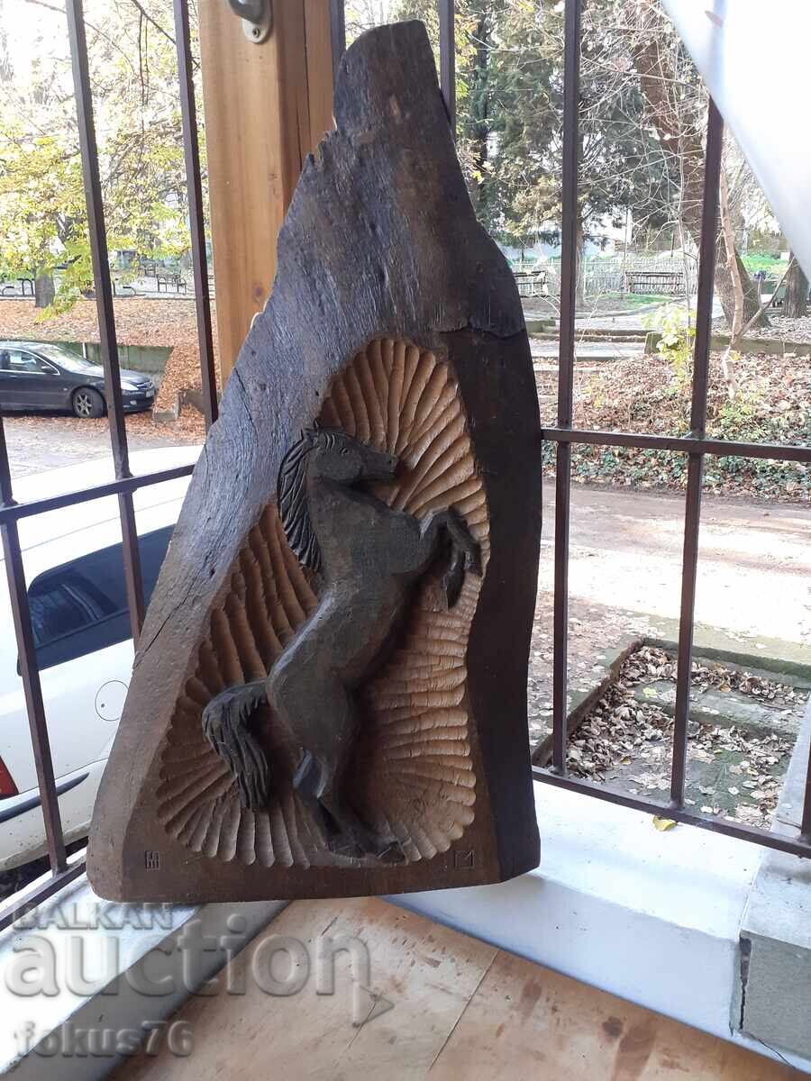 Μοναδική παλιά χειροποίητη ξυλογλυπτική για τοίχο - άλογο - υπογεγραμμένη