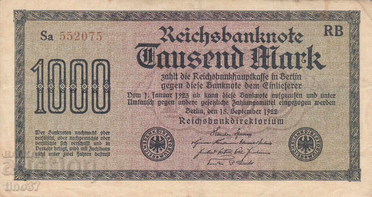tino37 - GERMANY - 1000 MARKS - 1922 - VF with price 3.40 BGN | € 1.74