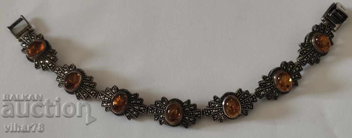 Δημοπρασία Μασίφ βίντατζ ασημένιο βραχιόλι με κεχριμπάρι