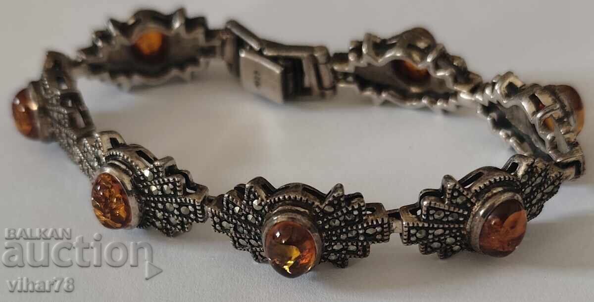 Μασίφ βίντατζ ασημένιο βραχιόλι με κεχριμπάρι - 5