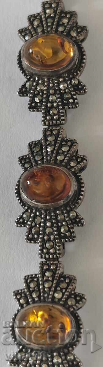 Μασίφ βίντατζ ασημένιο βραχιόλι με κεχριμπάρι - 7