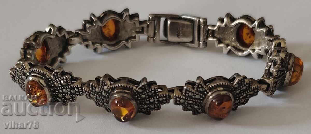 Μασίφ βίντατζ ασημένιο βραχιόλι με κεχριμπάρι