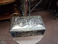 Metal decorative box with embossed scenes