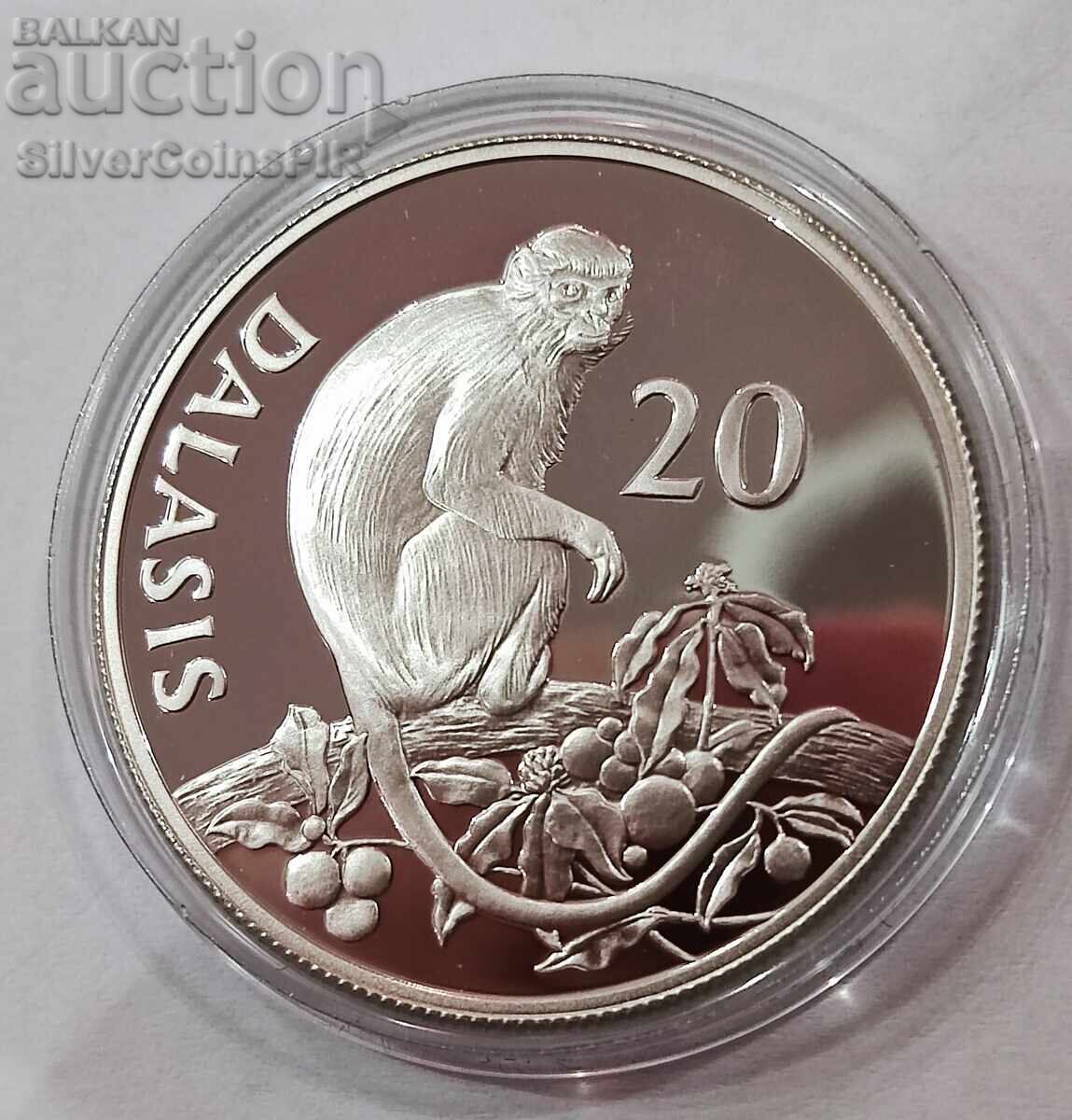 Silver 20 Dalasis Monkey 1987 Gambia Endangered Animals with price 51.00 BGN | € 26.08
