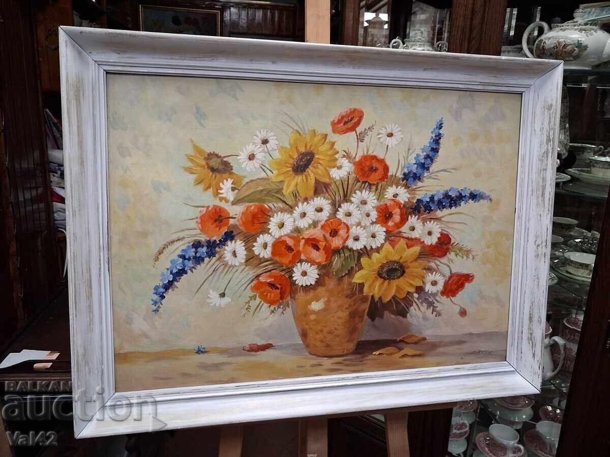 Auction  A. Graveley - Floral Composition in White, Orange, and Blue