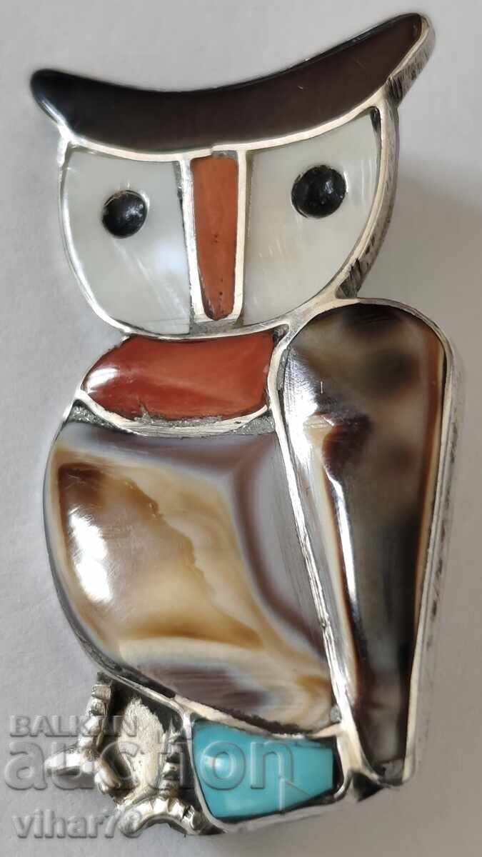 Δημοπρασία Παλιά ασημένια καρφίτσα - μενταγιόν κουκουβάγια διακοσμημένη με φυσικό