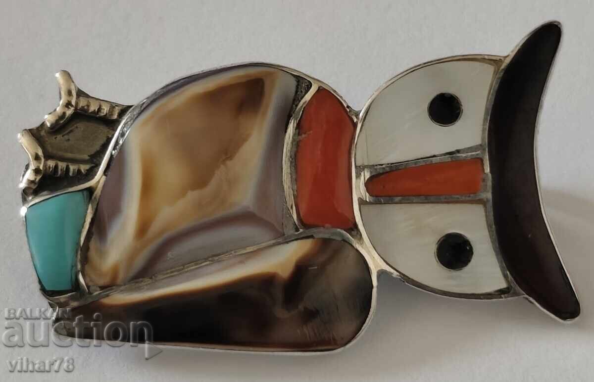 Παράδοση Παλιά ασημένια καρφίτσα - μενταγιόν κουκουβάγια διακοσμημένη με φυσικό