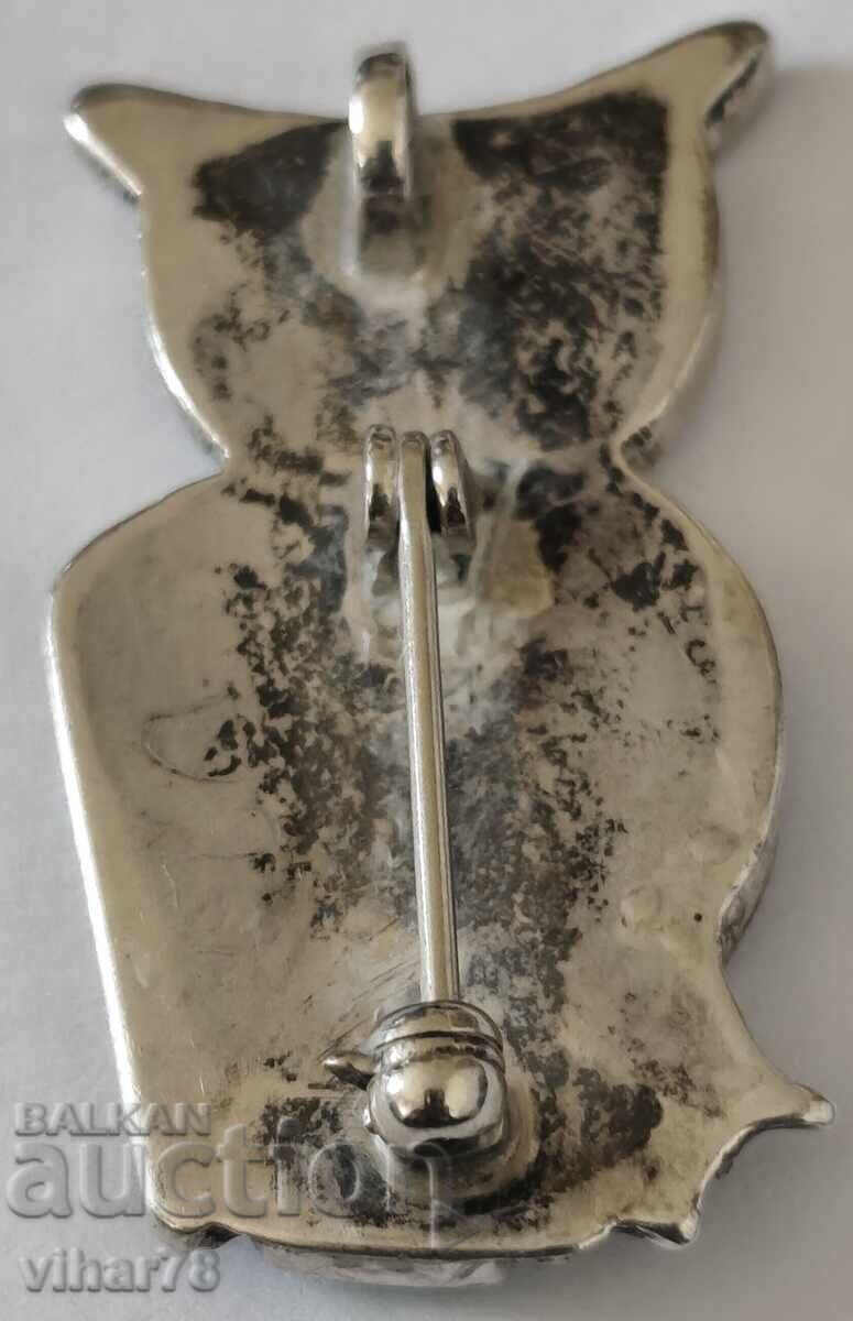 Παλιά ασημένια καρφίτσα - μενταγιόν κουκουβάγια διακοσμημένη με φυσικό - 6