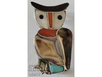 Veche broșă din argint - pandantiv bufniță incrustată cu pietre naturale