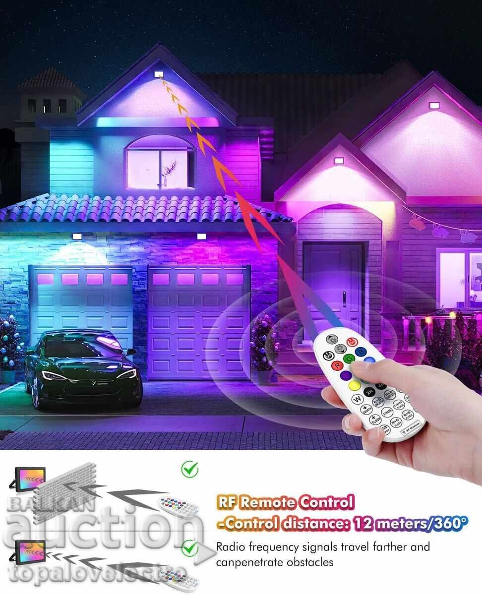 НОВИ! RGB прожектори 25W с дистанционно, 10 цвята, IP66, 2 б с цена 41.00 лв. | € 20.96