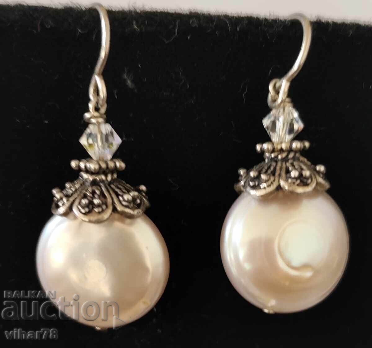 Ασημένια σκουλαρίκια με μαργαριτάρια και κρύσταλλο - 5