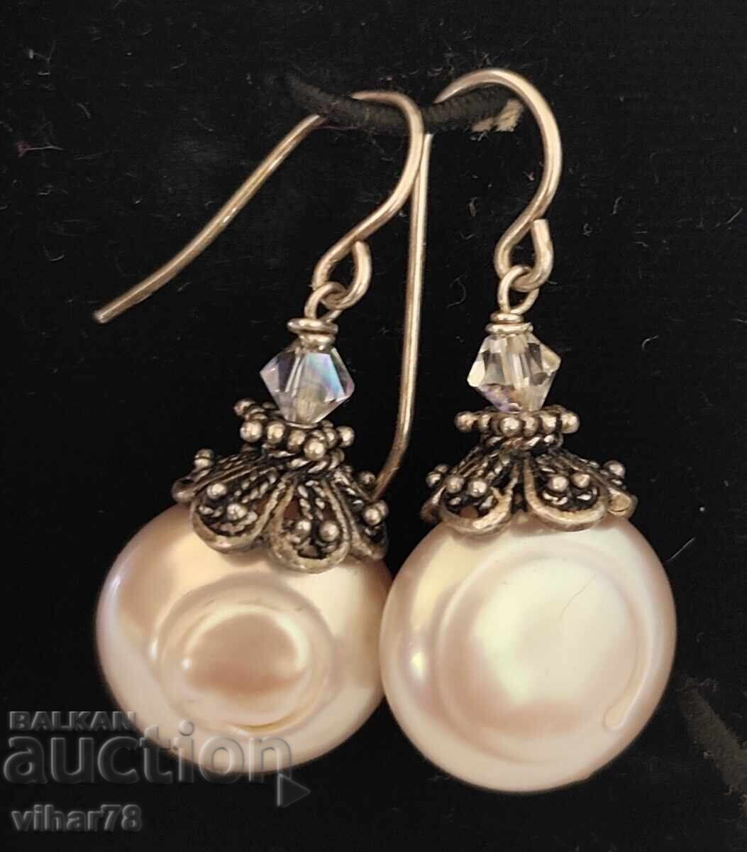 Ασημένια σκουλαρίκια με μαργαριτάρια και κρύσταλλο
