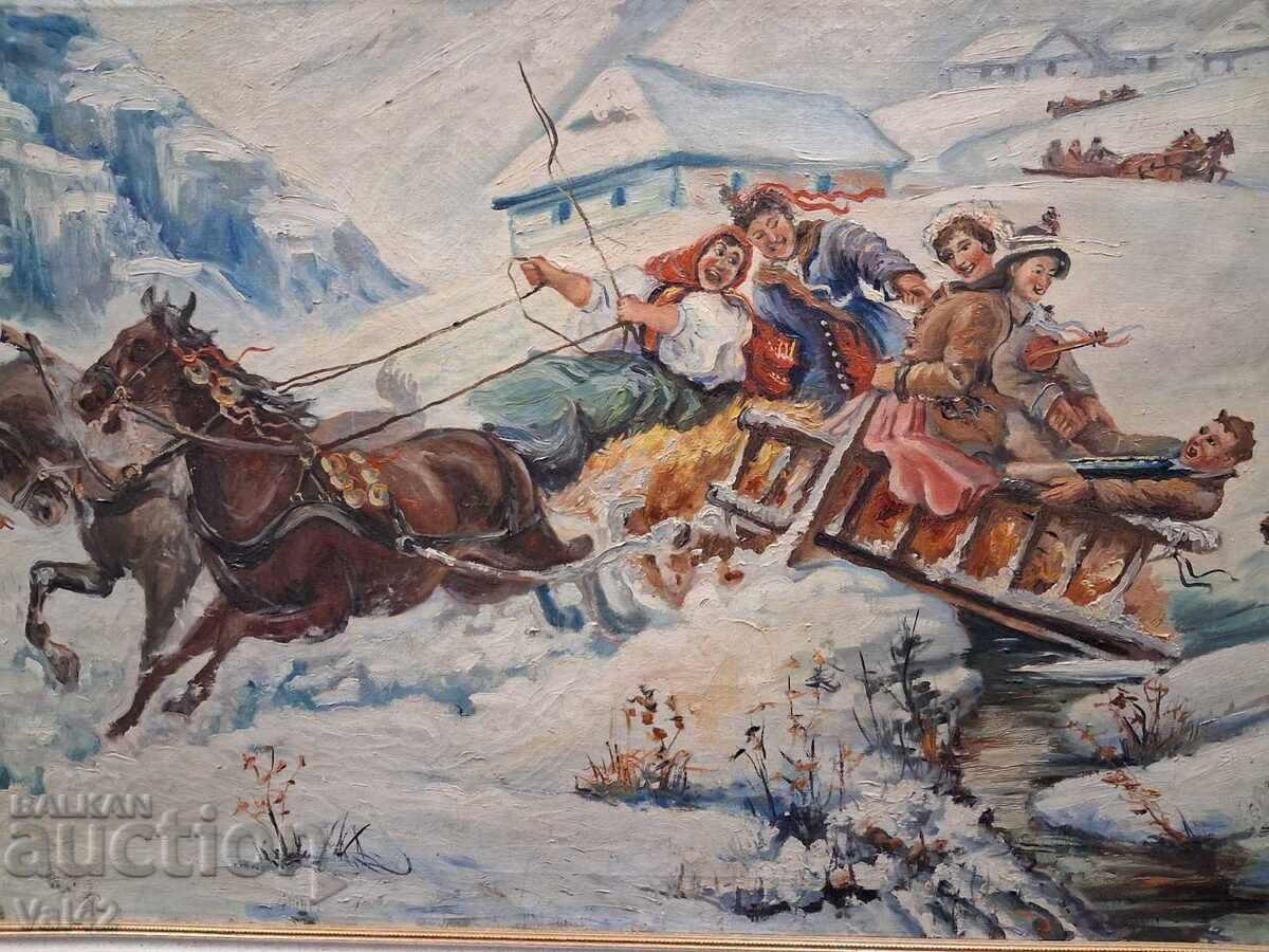 Доставка на Зимна шейна с коне и весела група