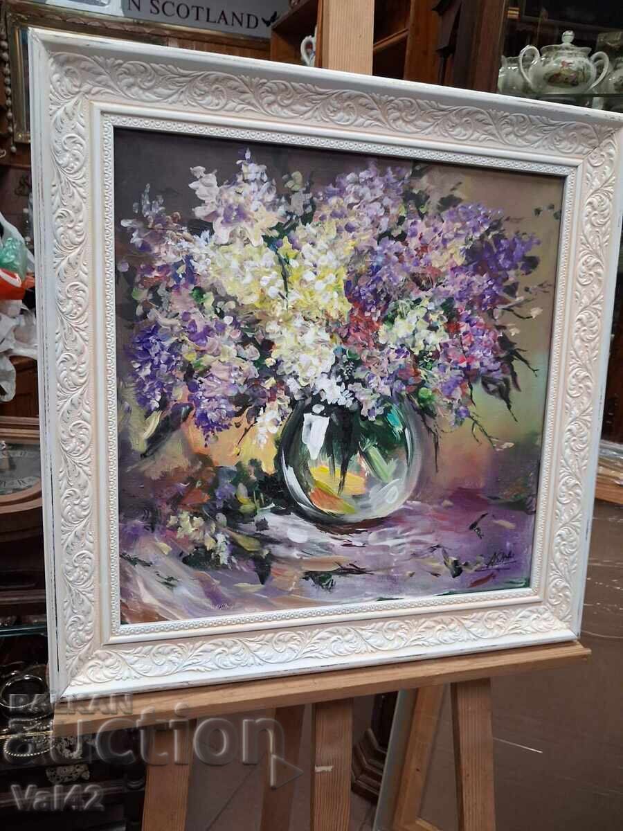 Licitație Tablou bulgar - Buchet de liliac într-o vază de sticlă Licitație Tablou bulgar - Buchet de liliac într-o vază de sticlă