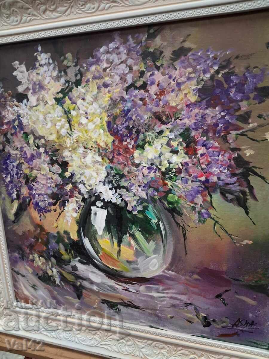 Livrarea Tablou bulgar - Buchet de liliac într-o vază de sticlă Livrarea Tablou bulgar - Buchet de liliac într-o vază de sticlă