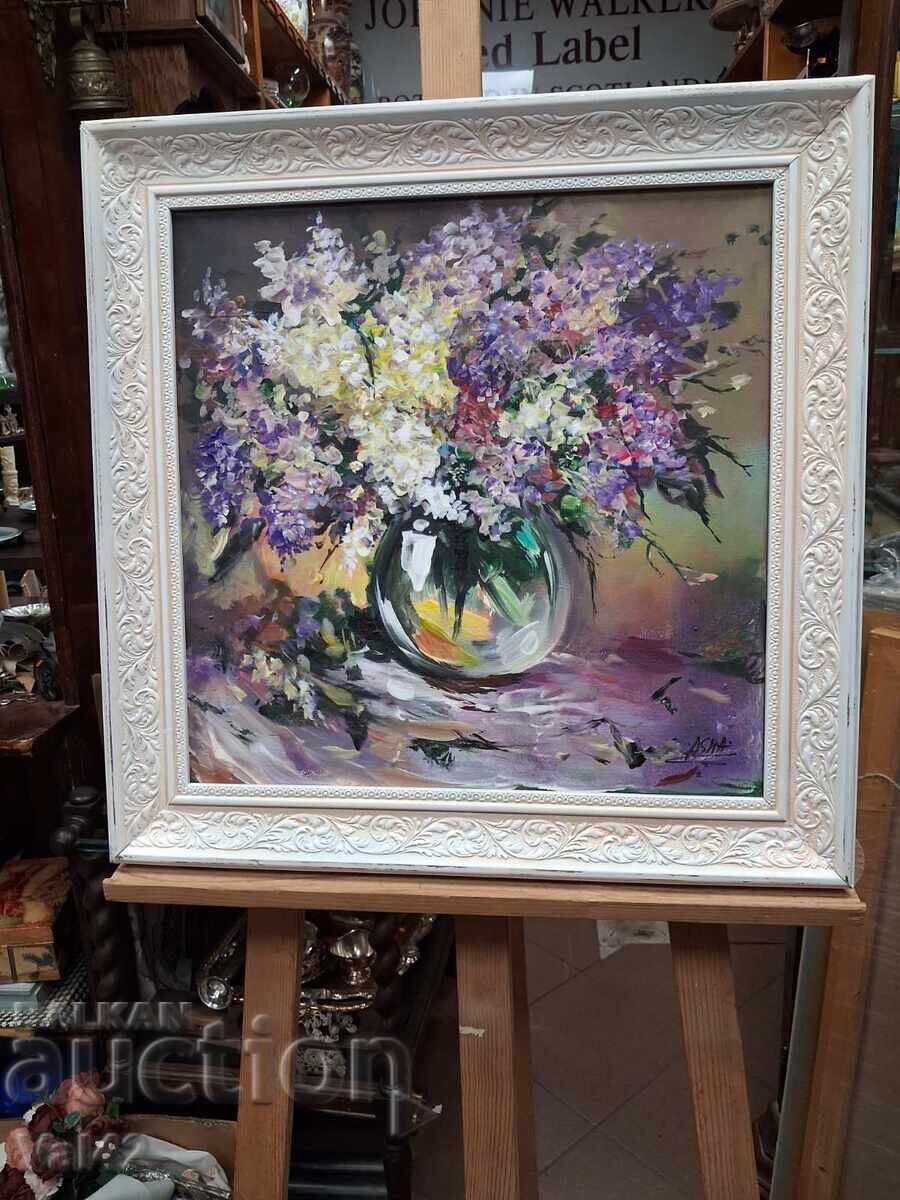 Tablou bulgar - Buchet de liliac într-o vază de sticlă Tablou bulgar - Buchet de liliac într-o vază de sticlă