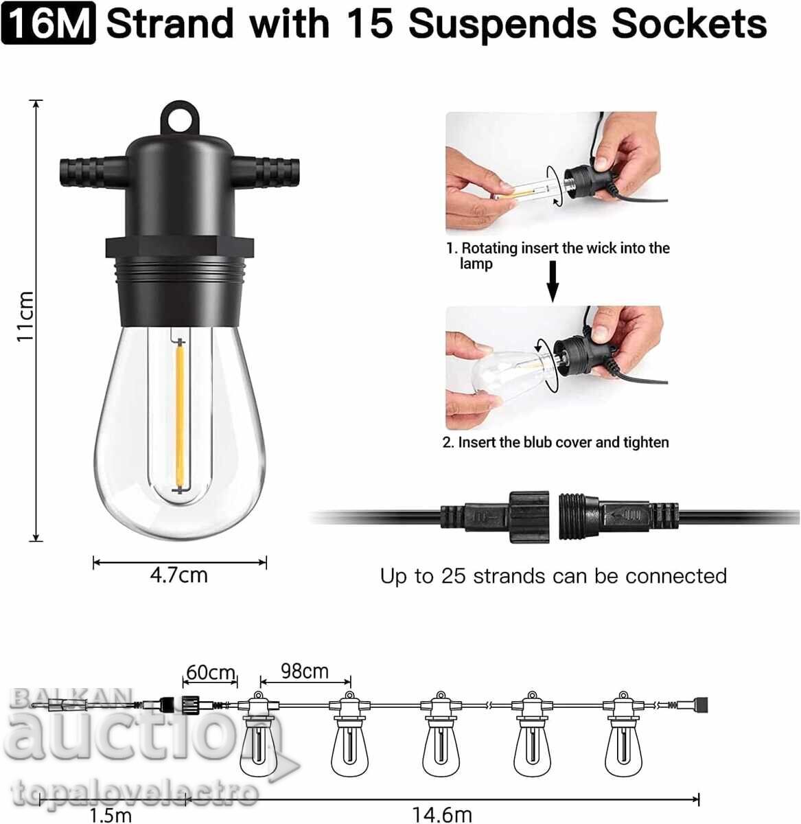NEW! 16m Outdoor String Lights with 15+1 S14 LED Bulbs, IP65, Unbreakable with price 48.00 BGN | € 24.54