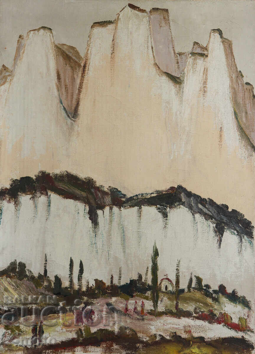 Old oil painting mountain landscape