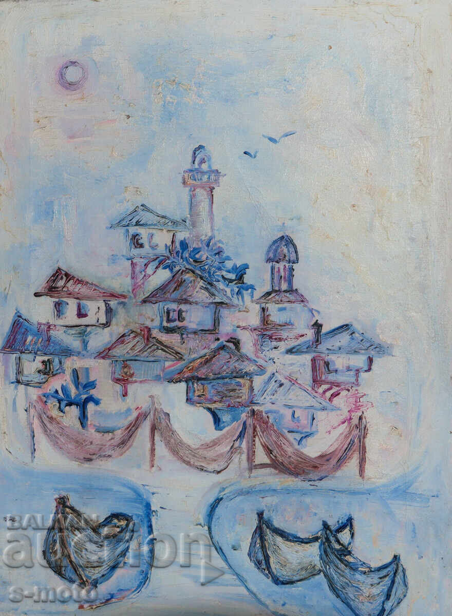 Old oil painting landscape fishing boats with price 550.00 BGN | € 281.21