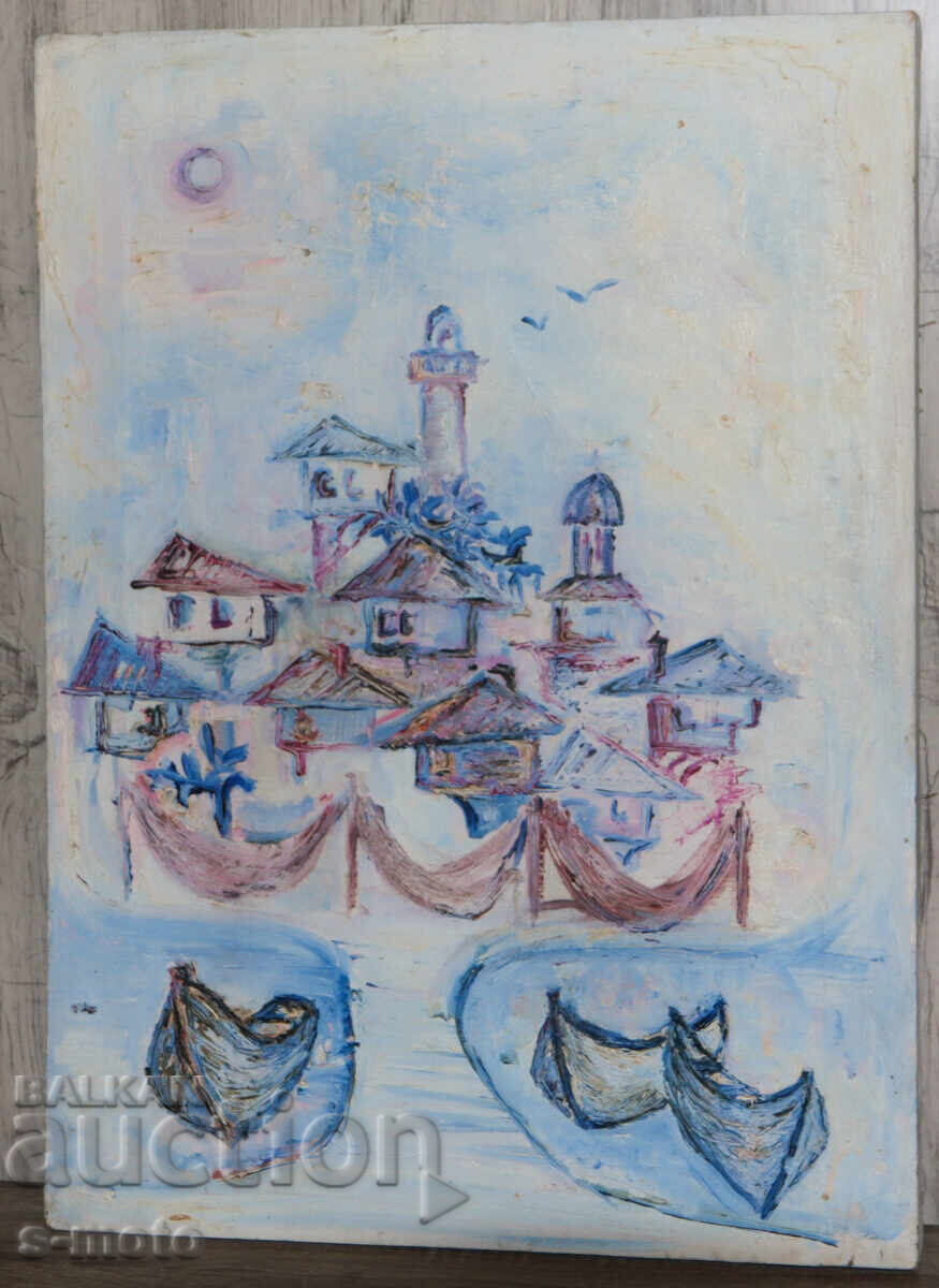 Auction  Old oil painting landscape fishing boats