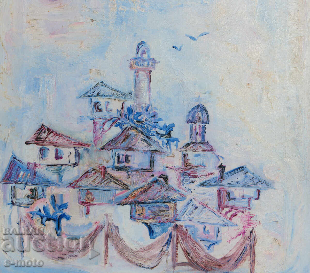 Old oil painting landscape fishing boats - 5