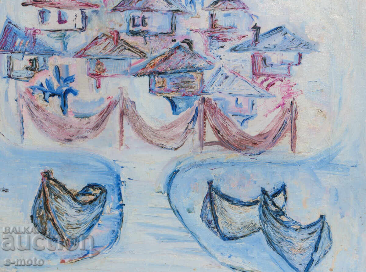 Old oil painting landscape fishing boats - 6