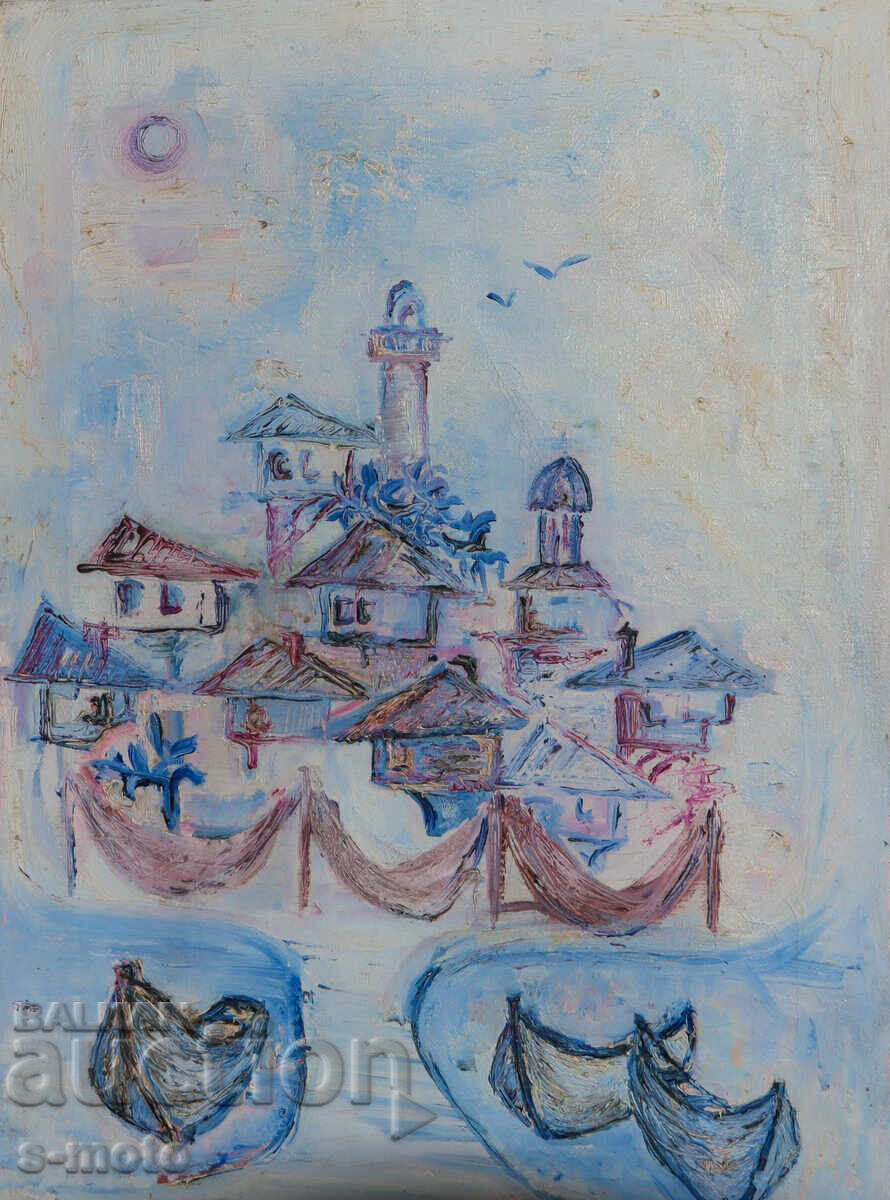 Old oil painting landscape fishing boats