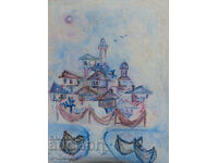 Old oil painting landscape fishing boats